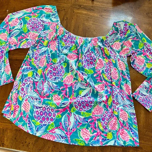 LILLY PULITZER Lana Off the Shoulder Top Maldives Green Turtle Wave Size XL - Picture 6 of 11